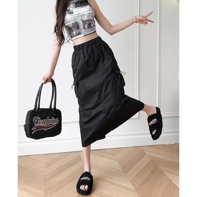Large Size Women Spring Drawstring Solid Color Half Length Skirt New Forking Solid Color Elastic Waist Pocket All-match Skirt