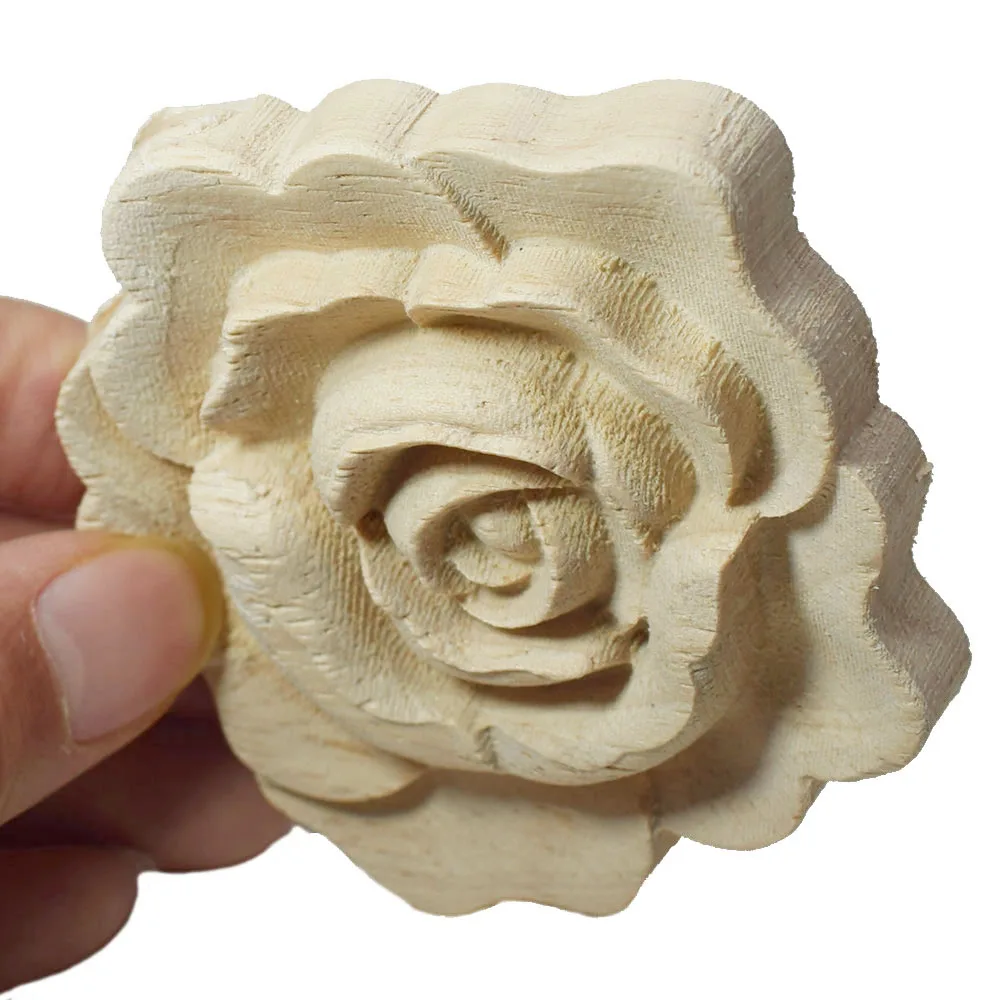 4PCS 7cm Furniture Wood Carving Appliques Vintage Decor Cabinet Door Solid Decals Flowers Pattern Carved Wooden Miniatures