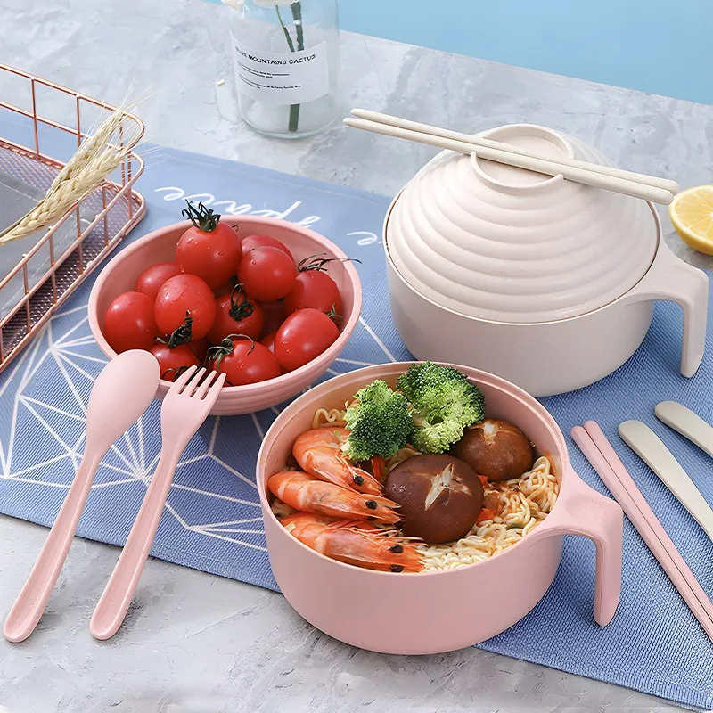 Eco-Friendly Wheat Straw Ramen Bowl Set Student Dorm Microwave Instant Noodles Bowl Home Dinnerware With Lid Handle Salad Bowls