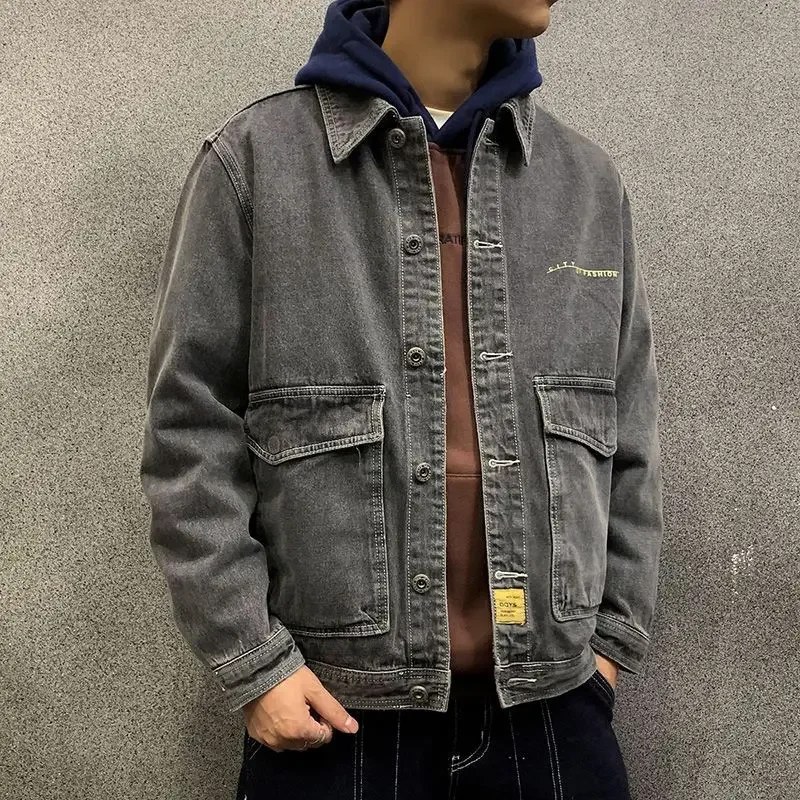 

Men's Denim Jacket Wide Shoulders Cargo Male Jean Coats Gray Aesthetic Korea Clothing Low Cost Menswear Outwear Trendy Cowboy G