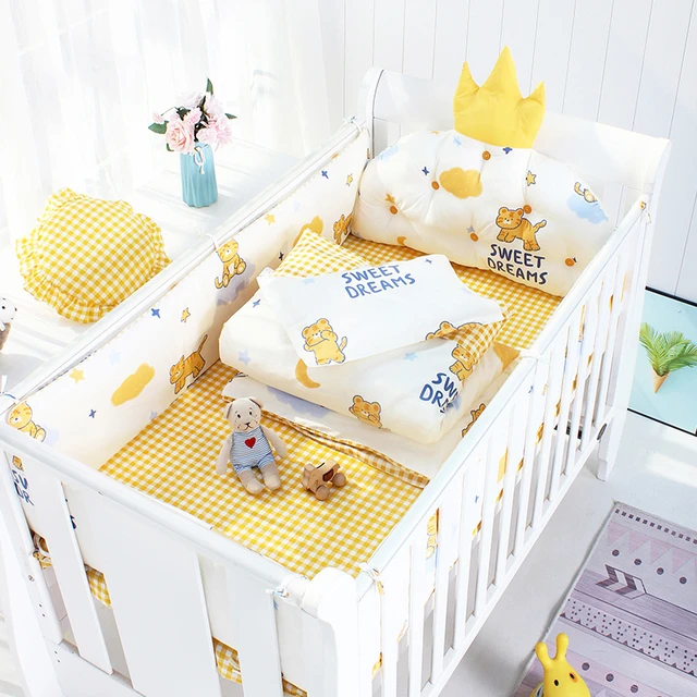 5Pcs Set Nordic INS Baby Crib Bumpers Pad Fence Cotton Crown Cushion  Cartoon Printted Sheets Kids