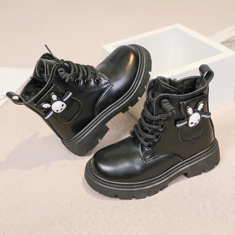 Girls Leather Ankle Boots Winter Kids Non Slip Cartoon Lining