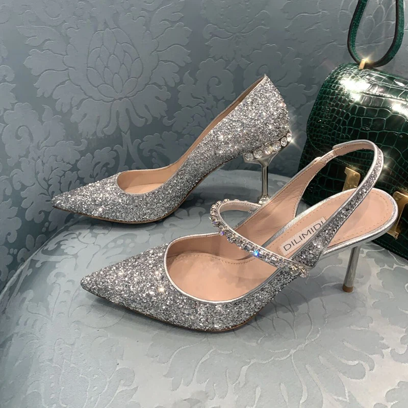 

Spring and summer new rhinestone sequins pointed fashion single shoes stiletto banquet dress all-match bridal wedding sandals