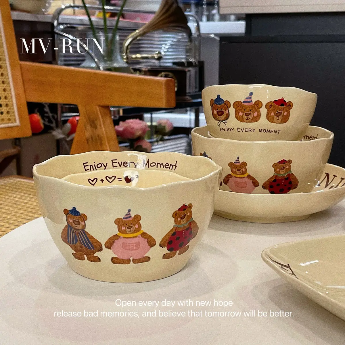 Korean Three Little Bear Cartoon Bowls - Cute Ceramic Tableware Set