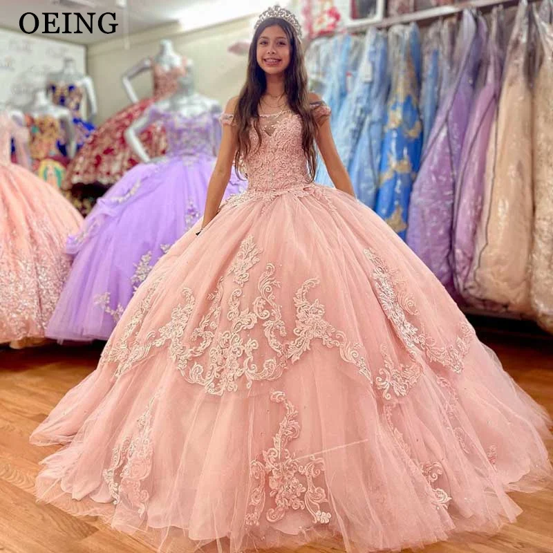 

OEING Blush Pink Sweet 16 Quinceanera Dress Strapless Appliques Lace Up Tulle Tiered Princess Party Gown Vestidos De 15 Años