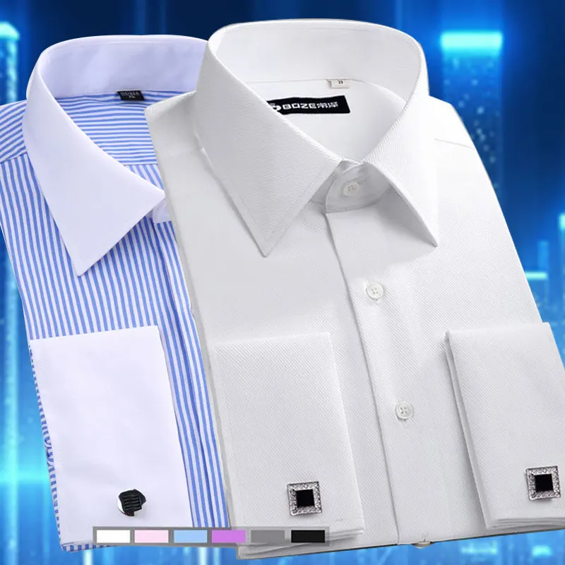 Men Long Sleeve Tuxedo Standing Collar Wedding Dress Shirt White French Cufflink mens dress shirt