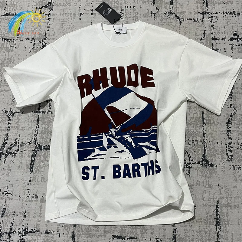 

Casual Loose Sunset Sea Sail Printing Rhude T Shirt Men Women Hip Hop White RHUDE Tee Top Summer Style Spliced Short Sleeve