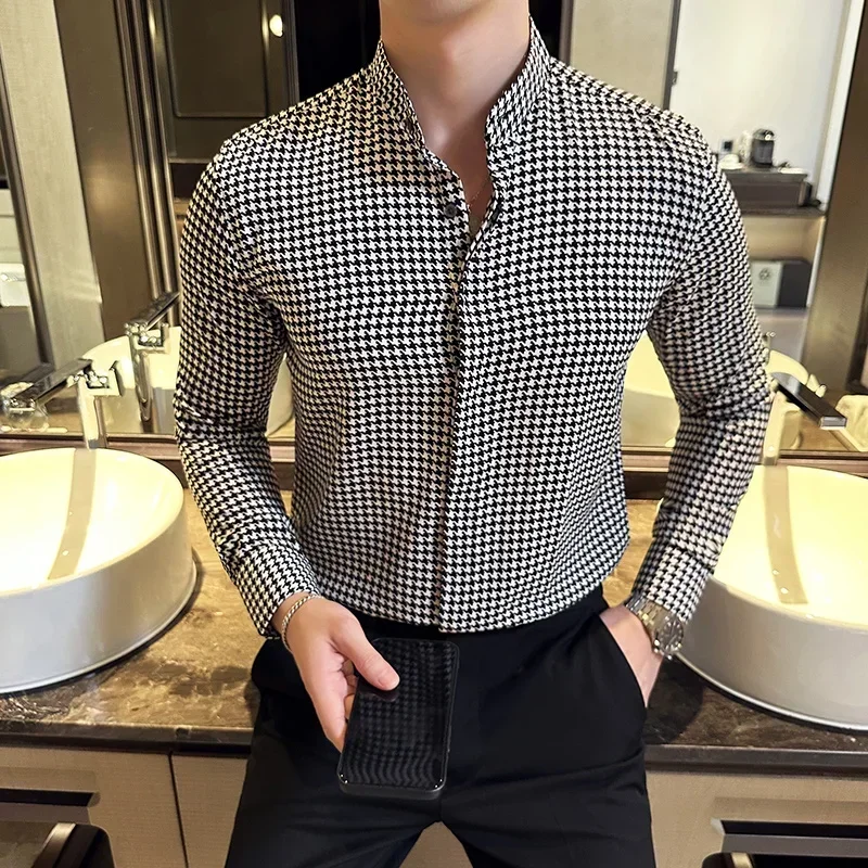 

Luxury Black White Plaid Shirt 2023 Autumn New Mens Long Sleeve Business Slim Fit Casual Shirt Homme Social Formal Wear Blouses