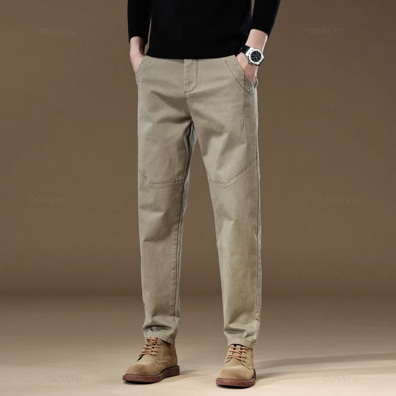 2024 New Spring Autumn Men's Cargo Work Pants 97%Cotton Thick Solid Color Wear Korean Grey Casual Trousers Male Plus Size 38 40 2