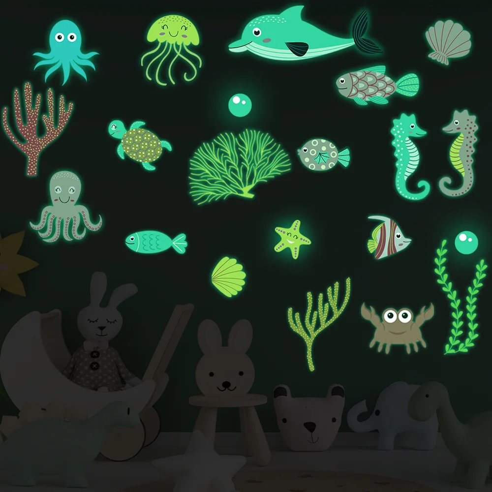 color Cartoon underwater world animals green light luminous stickers children's room kindergarten classroom luminous stickers luminous wall stickers fluorescent stickers