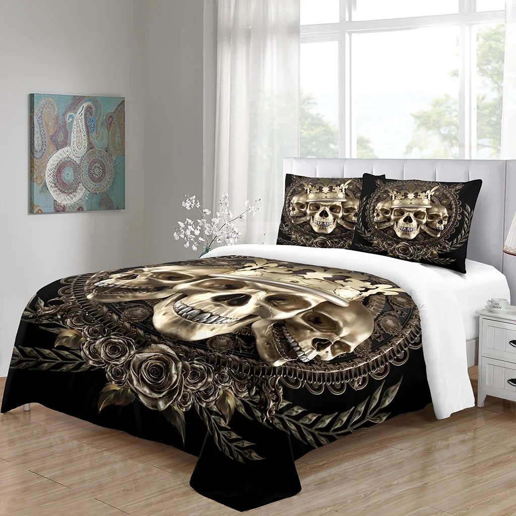 

Gold Three Skeleton Design Flower and Skull Black Bedding Sets Single Double Bed Duvet Cover Set and 2 pcs Pillow cover