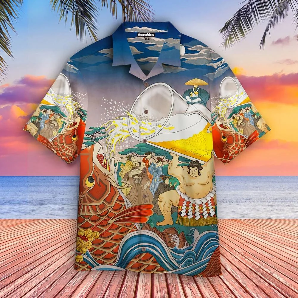 

New Shirts Japanese Style Sumo Painting Harajuku Beach Wear Short Sleeve Cool Shirts for Men And Women