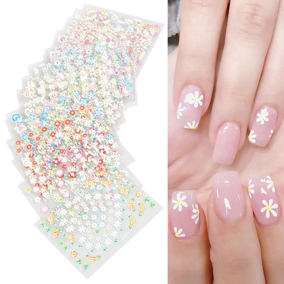 Nail Stickers 30 Pcs Colorful Flower Nail Stickers Set Small Sakura Daisy Cute Flowers Decals 3D Self Adhesive Sliders Manicure Decoration