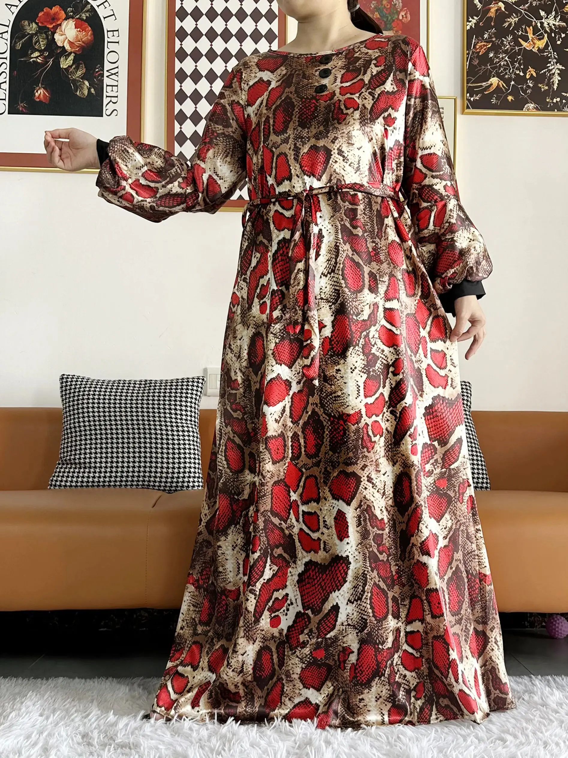 

Fashion Woman Maxi Dresses Long Sleeve Floor Length O-Neck Gold Casual Autumn New Boho Beach Oversized Loose Dress L-3XL