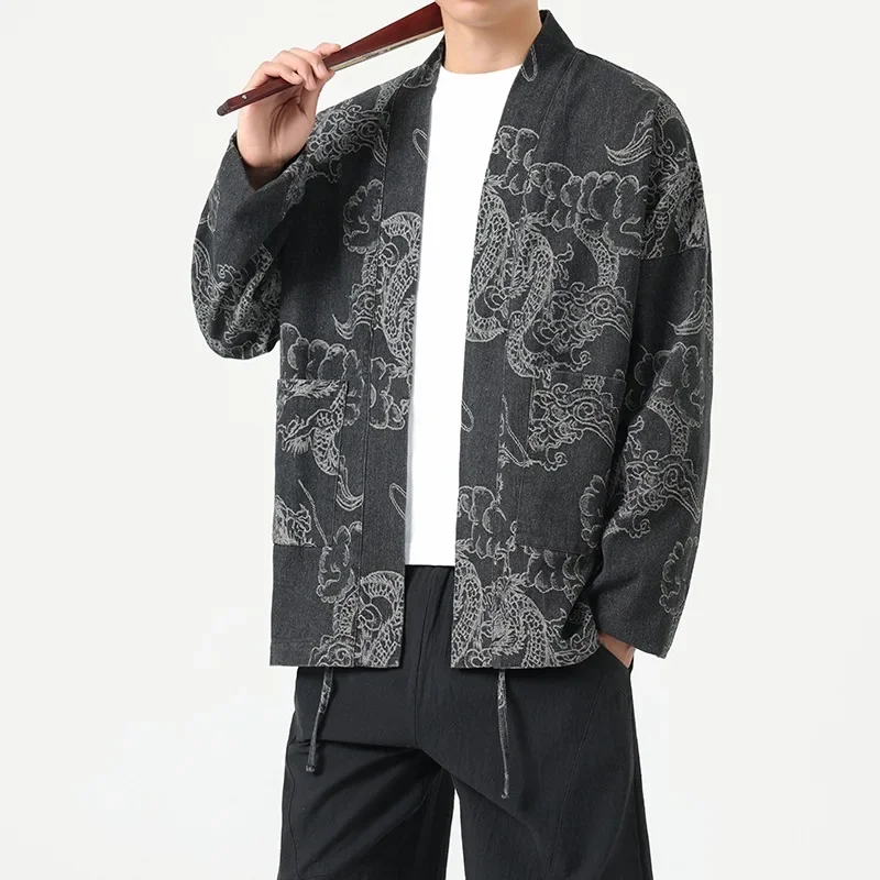 Fashionable Men's Chinese Style Dragon Pattern Denim Tang Suit Casual Leisure Suit Autumn Winter Streetwear