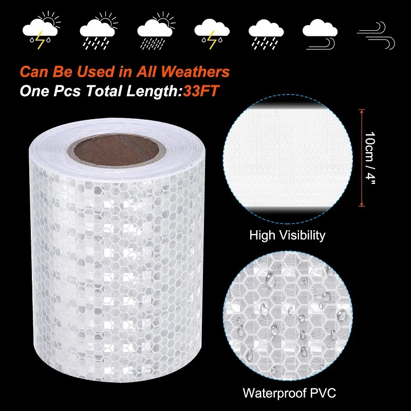 Bande Réfléchissante Autocollante 10cm X 10m - Blanc - Imperméable Pour Véhicules, Vêtements, Sécurité