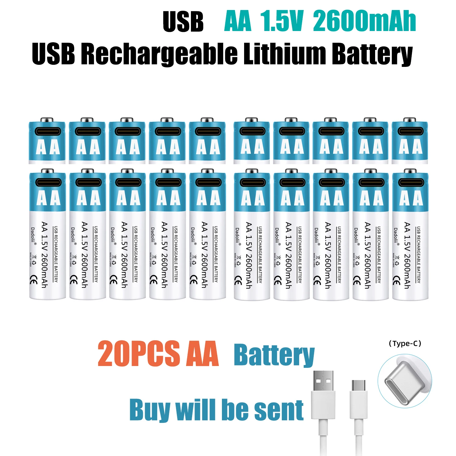 

High capacity 1.5V AA 2600 mWh USB rechargeable li-ion battery for remote control mouse small fan Electric toy battery Cable