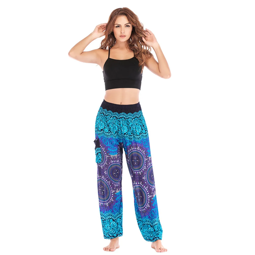 

2022 New Women's Bohemian Casual Yoga Pants Hippy Harem High Waist Trousers Flowy Loose Beach Wide Leg Knickerbockers