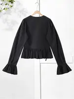 Chemisier chic uni à volants et cordon de serrage pour femme, col rond, simple boutonnage, manches longues évasées, collection Printemps-Été 2026 6