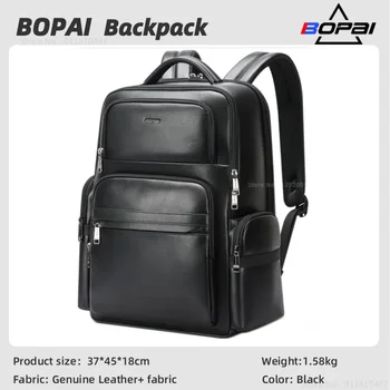 BOPAI-Mochila de grande capacidade masculina, pele natural de vaca 100% couro genuíno, bolsa escolar para menino, laptop, moda