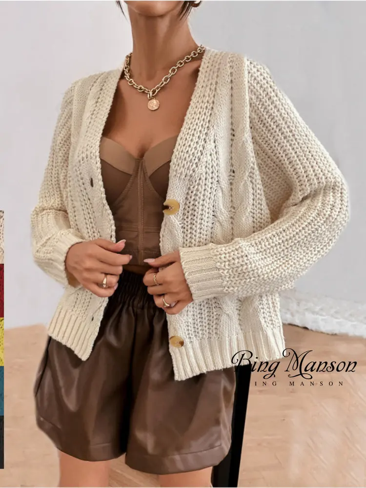 

Large Size Women's Fall and Winter Twist Knit Twist Pattern Row Button Short Jacket Loose Set Head Sweater Button Cardigan Women