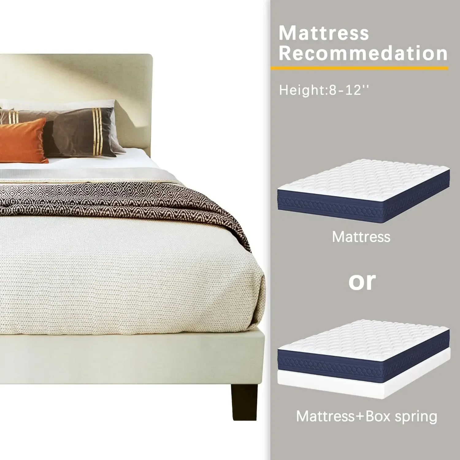 King Bed Frame Upholstered Bed Frame Platform with Adjustable Headboard Linen Fabric Headboard Wooden Slats Support/No Box 6