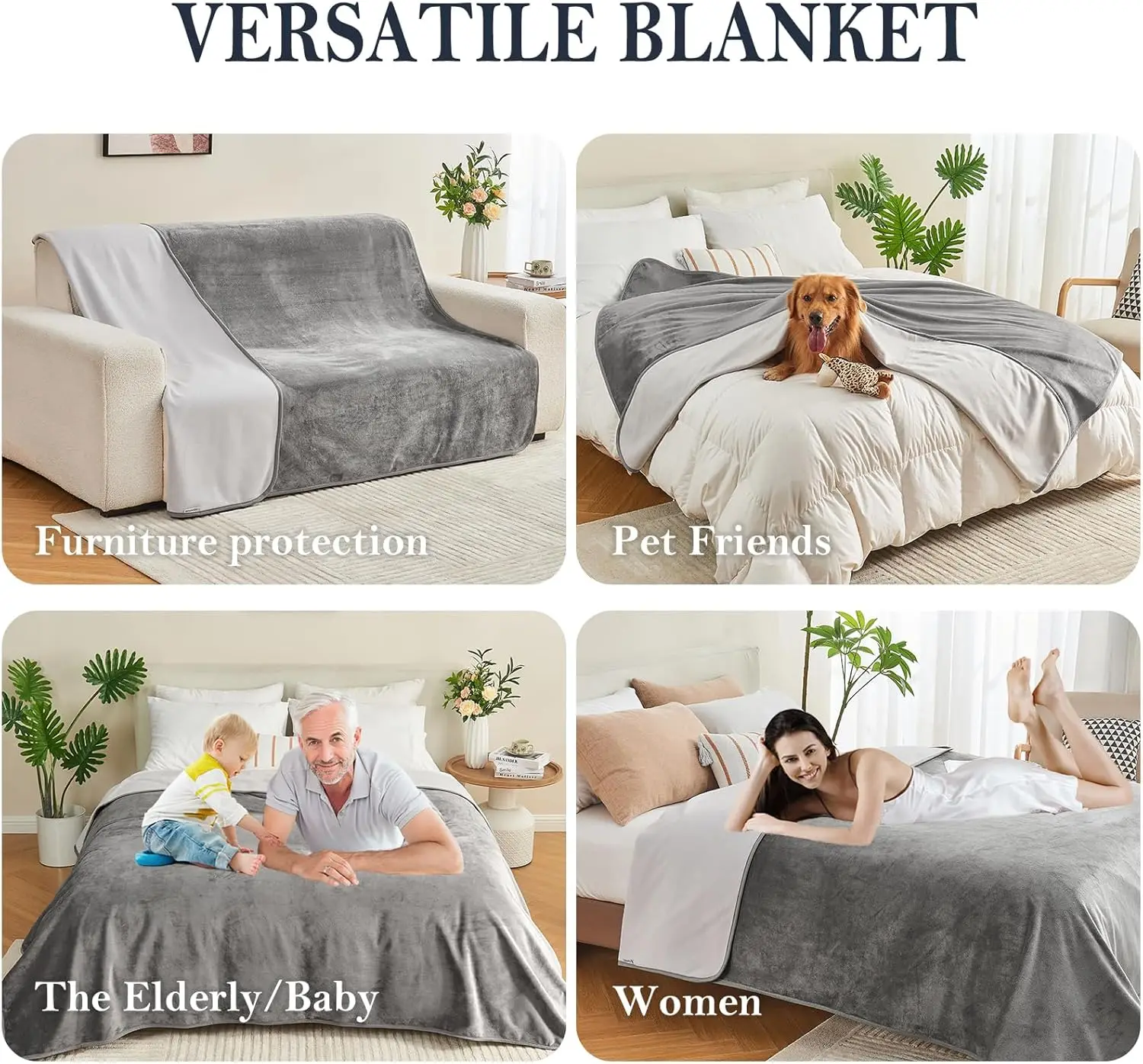 Waterproof Blanket for Bed Sofa Couch, Water Resistant Blanket，Reversible Leakproof Bed Cover for Adults Elderly Pets - 4