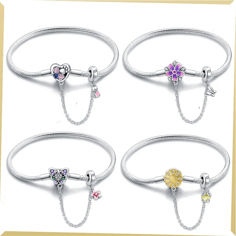 

925 Sterling Silver Colorful Flower Butterfly Daisy Bracelets With Safety Chain Fit DIY Charms Bead Fine Birthday Jewelry New in