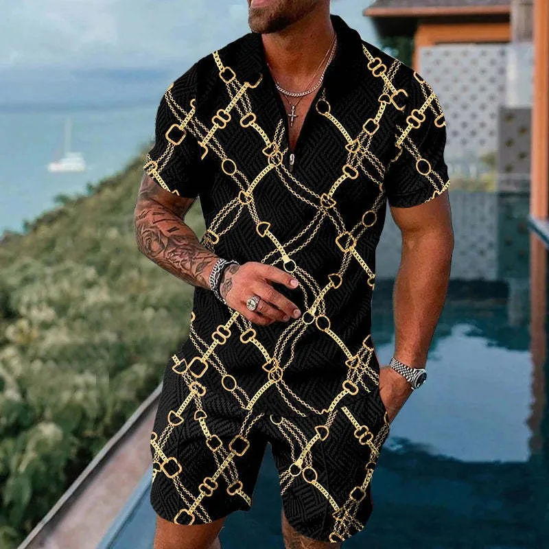 Luxury Men's Polo Set Chain 3D Printing Retro Men Square Neck Zipper Top+Shorts 2-Piece Beach Fashion Casual Tracksuit Set