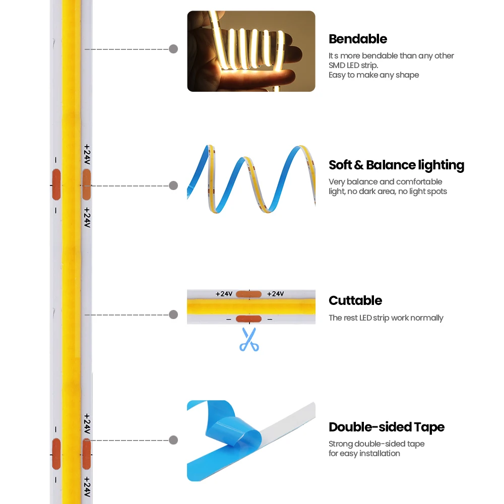 8MM 12V COB LED 스트립 라이트 320LEDs/m 고휘도 FOB LED 테이프 0.5m 5m 10m 플렉시블 리본 3000K 4000K 6000K 실내 장