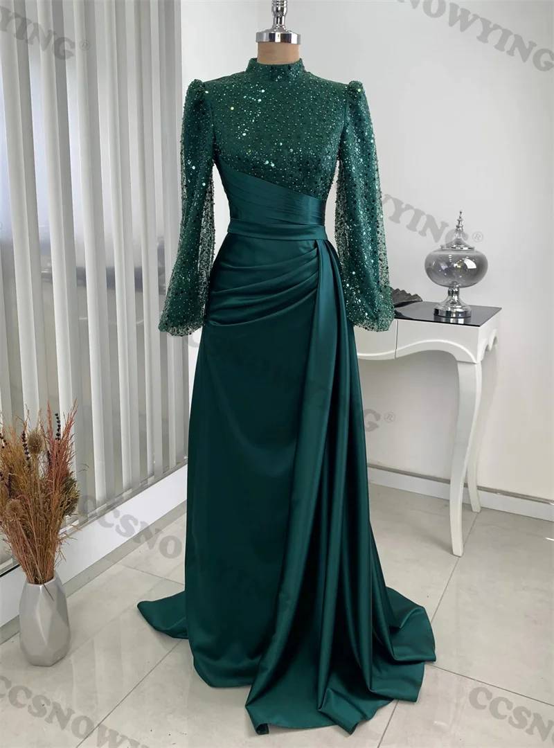 

Fashion Sparkly Sequin Muslim Evening Dresses Long Sleeve Islamic Formal Party Gowns High Neck Women Arabic Robes De Soirée