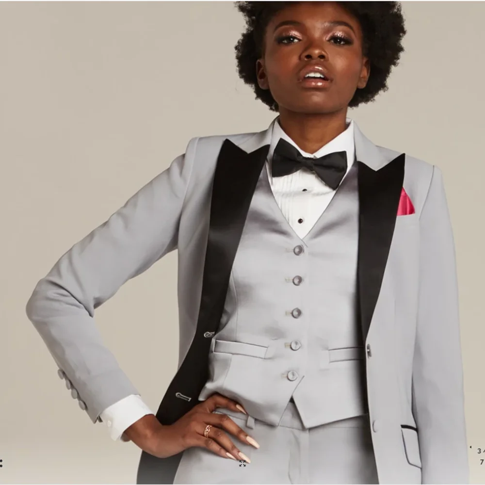Women's 3-piece Slim Business Work Wear Party Wedding Tuxedo Gray Pants Set Blazer+ Pants+Vest