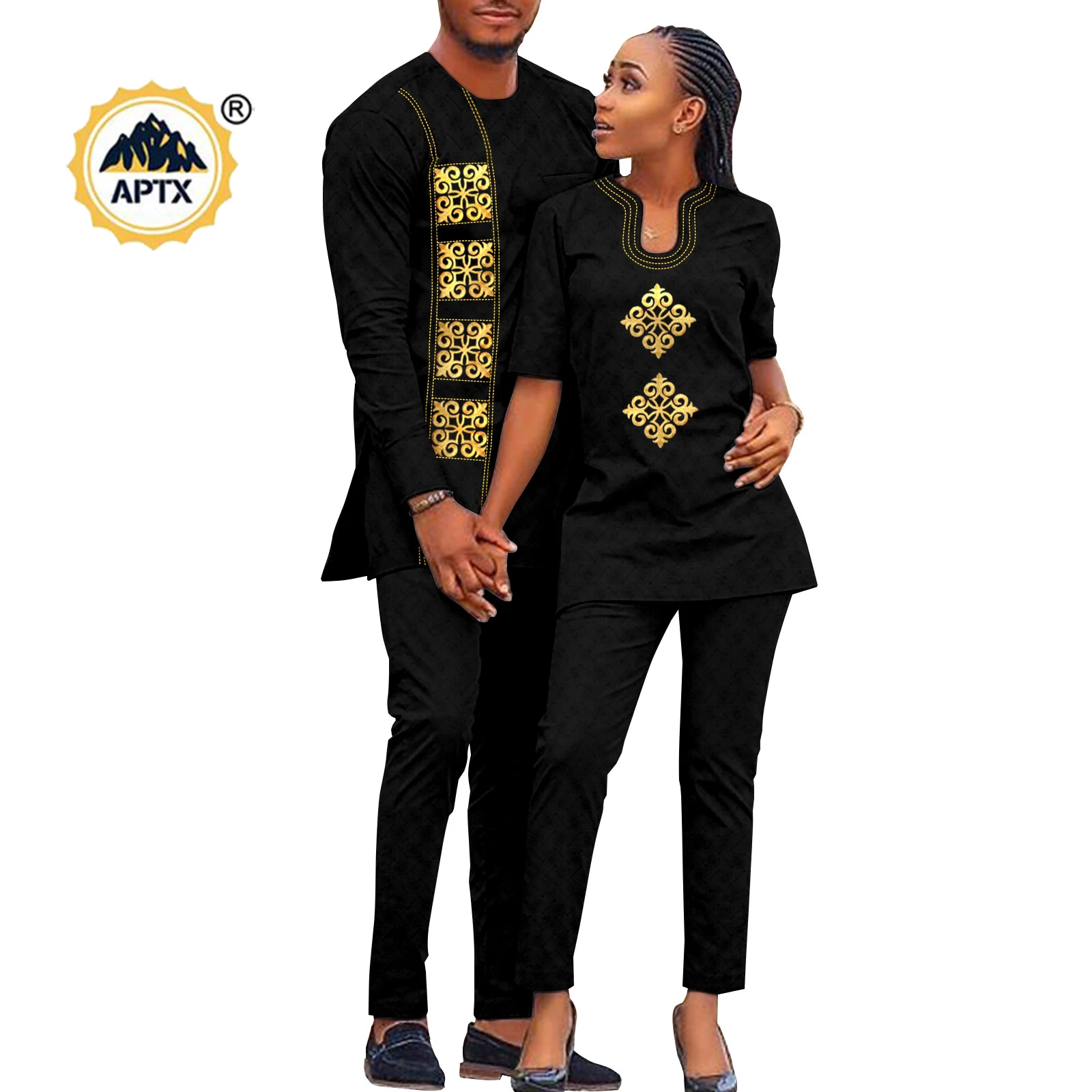 African Couples Clothing Dashiki Women Applique Jacquard Top and Pants Sets Matching Men Outfits Kaftan Bazin Agbada Y22C066