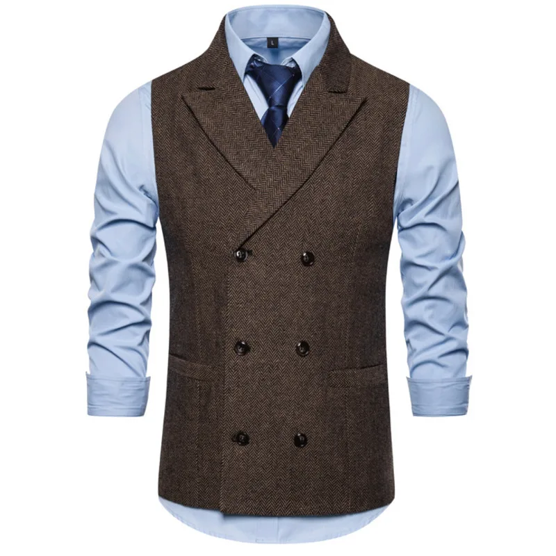 #4825 Autumn Winter Men's Vests Double Breasted Suits Vests Slim Fit Plaid Men's Vests Sleeveless Jacket Office Vest Coat  3