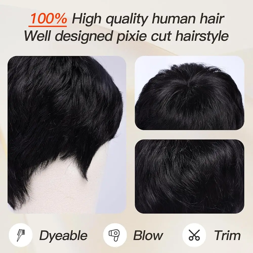 Blonde Mixed Black Pixie Cut Human Hair Wigs for Brazilian Afro Women Short Layered Human Hair Wigs Natural Bob Hairs with Bangs