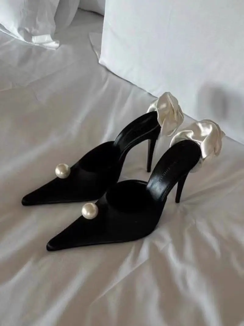 

Summer Women Graceful Flower Pearl Decoration Stiletto High Heel Slipper Sandals Female Slip On Pointed Toe Sandal Shoes
