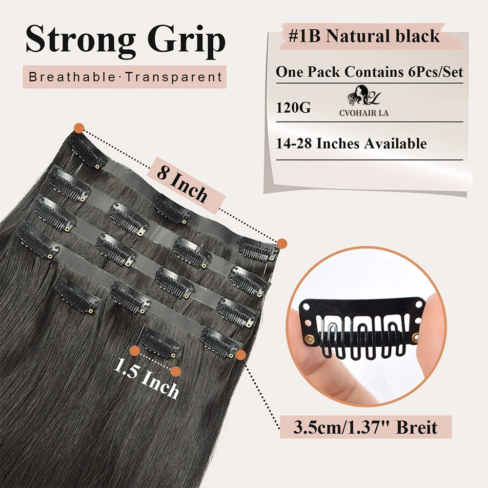 Straight Seamless Clip Ins 100％ Human Hair Extensions PU Clip Ins Hair Extension For Women Full Head 120g Natural Black Color