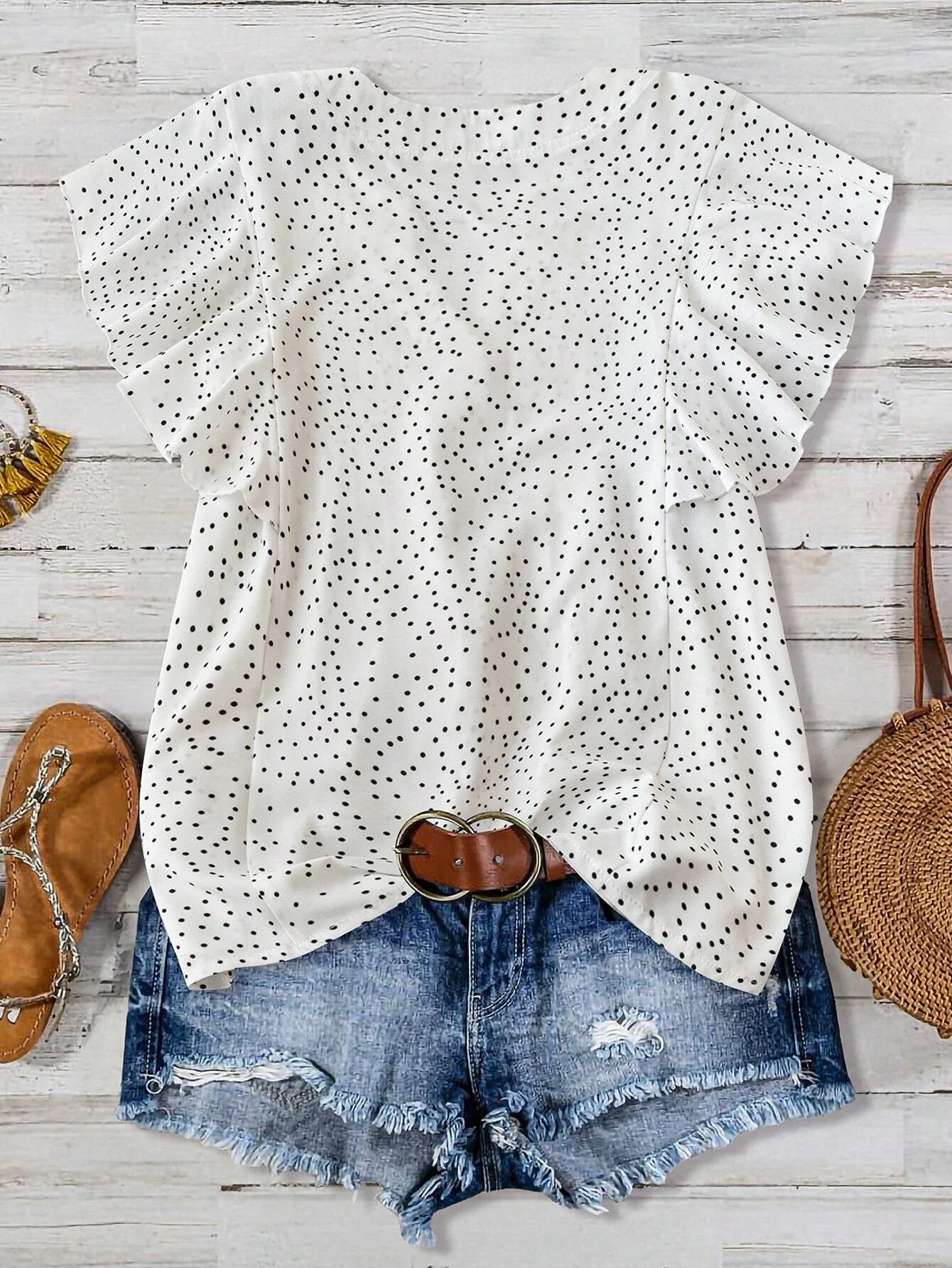 Description Picture 4 of itemSummer casual flying sleeve button top women's casual vacation solid color polka dot T-shirt