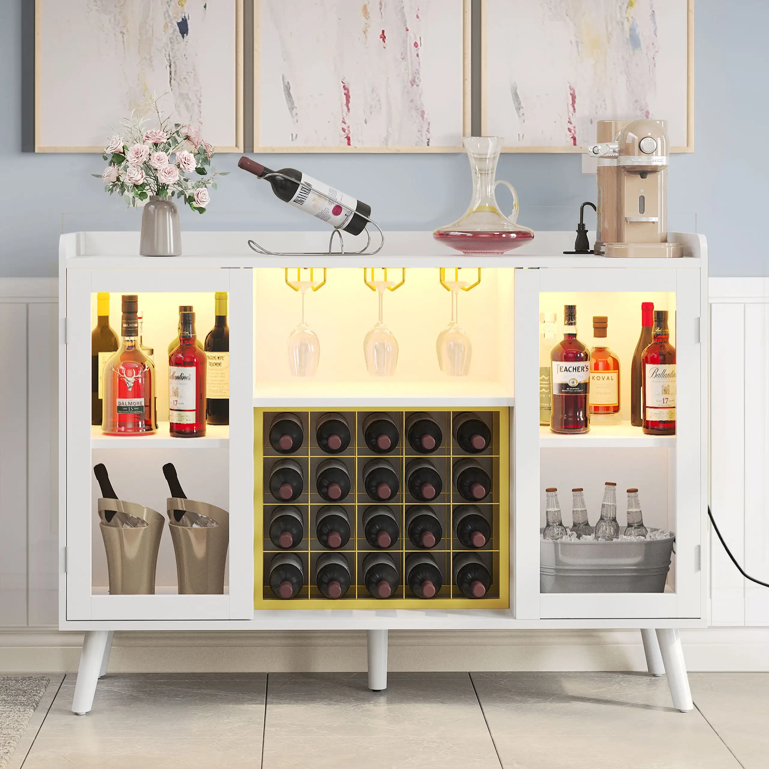 

53-дюймовый шкаф для винного бара с розеткой, 2 буфета с держателем светодиодный Lights для кухни и столовой, белый