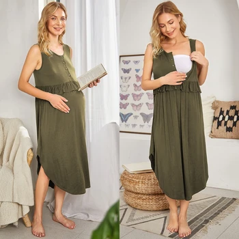 Summer European And American Nursing Maternity Dress Women's Home Clothes Sleeping Dress Modal Cotton Casual Pleated Long Dress