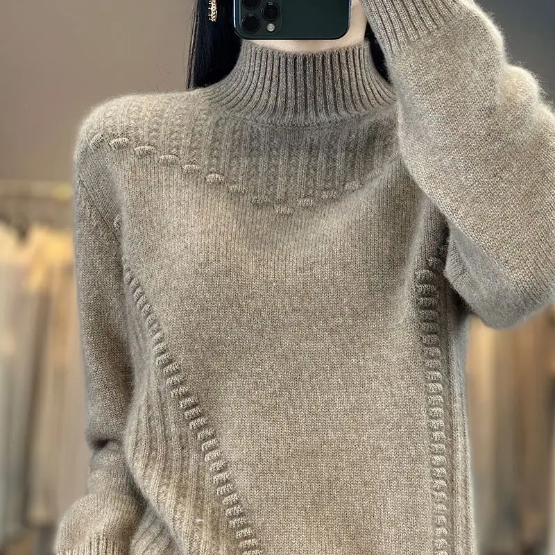 2024 Autumn New Loose Women's Semi-turtleneck Thickened Solid Color Simple Crochet Casual Knitted Sweater Pullover Top 1