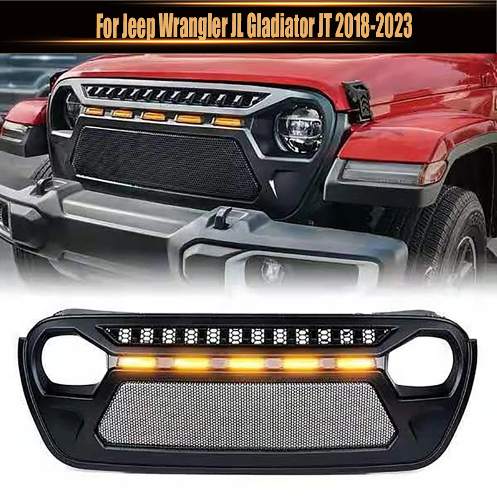

For Jeep Wrangler JL Gladiator JT 2018-2023 Front Bumper Grills Offroad Style Accessories Metal Mesh Grille With 5 Led Lights
