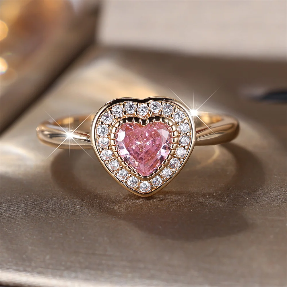 Elegant Pink Crystal Love Heart Zircon Rings For Women Vintage Gold Color Engagement Bands Wedding Jewelry Bridal Birthday Gifts