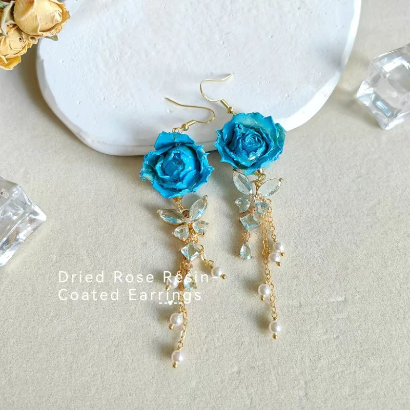 Elegant Immortal Rose Long Earrings Epoxy Resin Real Rose Flower 21
