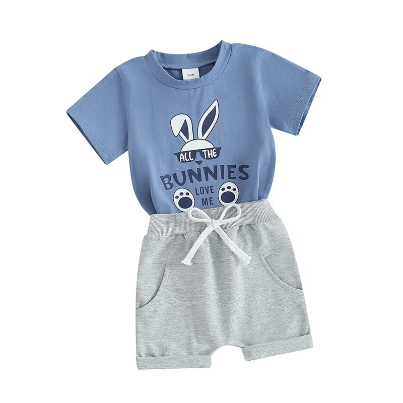 

Baby Boy Easter Set Round Neck Short Sleeve Letter Rabbit Print Tops + Elastic Waist Shorts 2 Piece Toddler Outfits