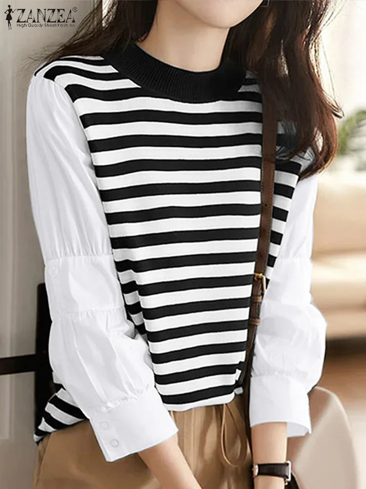 

ZANZEA Women Patchwork Blouse Fashion Round Neck Stripes Tops Shirt 2024 Spring Casual Long Sleeve Blusas Korean Office Tunics