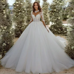 Liyuke Elegant Silky Organza Ball Gown Wedding Dresses Beading Pearls Embroidery Applique High Collar Full Sleeves Bridal Skirts