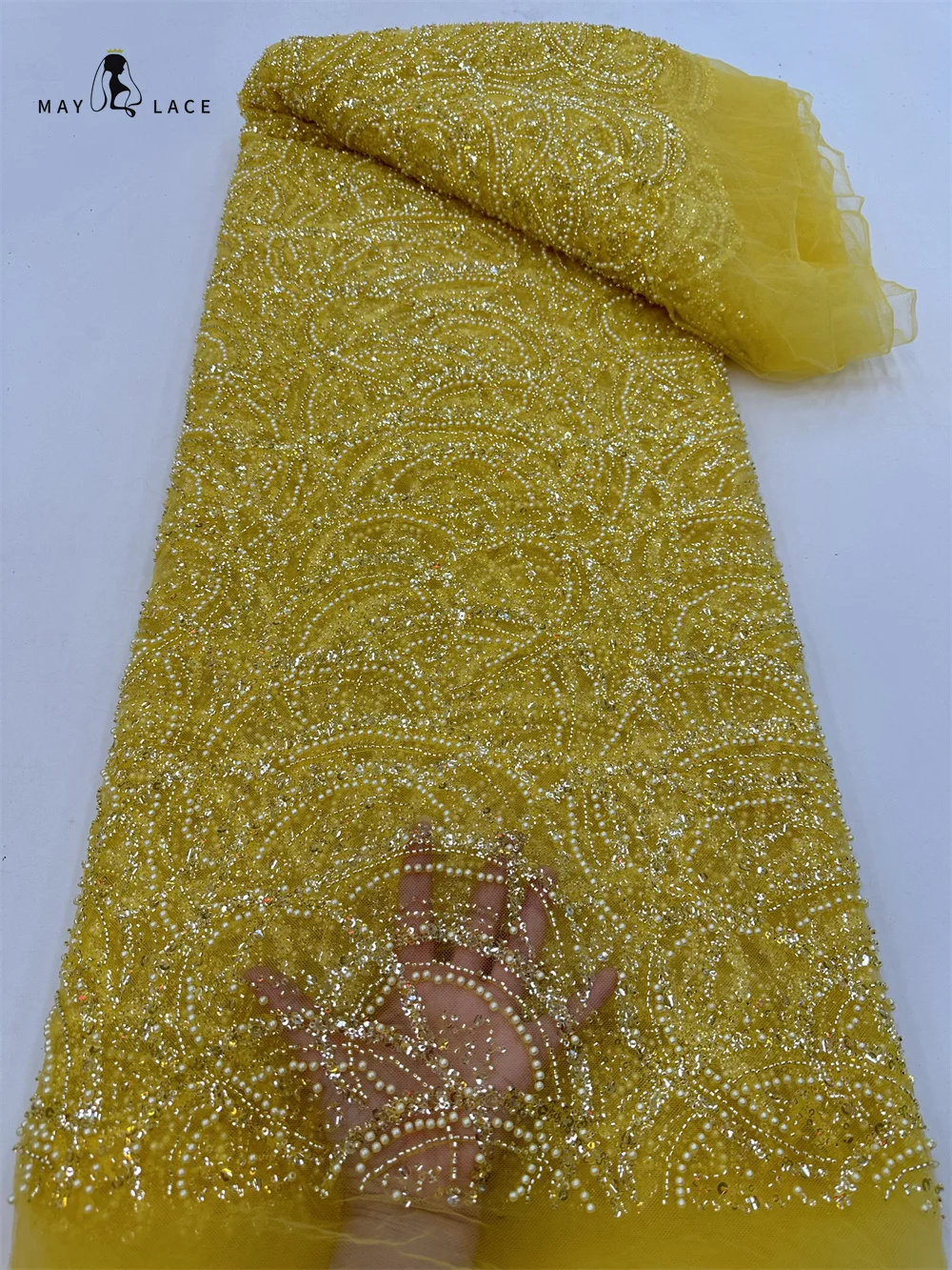 

May Lace Yellow African Heavy Beaded 2023 High Quality Nigerian Sequins Pearl Lace French Tulle Fabric For Party Dress Sewing