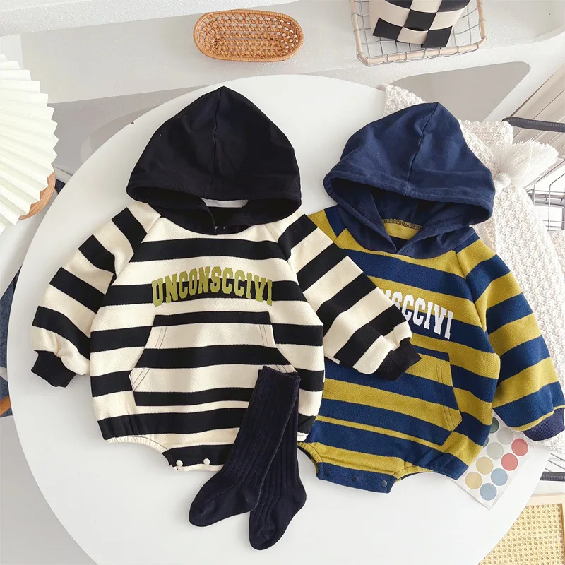 

Korean Spring Autumn Baby Boys Romper Cotton Striped Pocket Hooded Letter Newborn Boys Bodysuit 0-2T Infant Boys Outfits