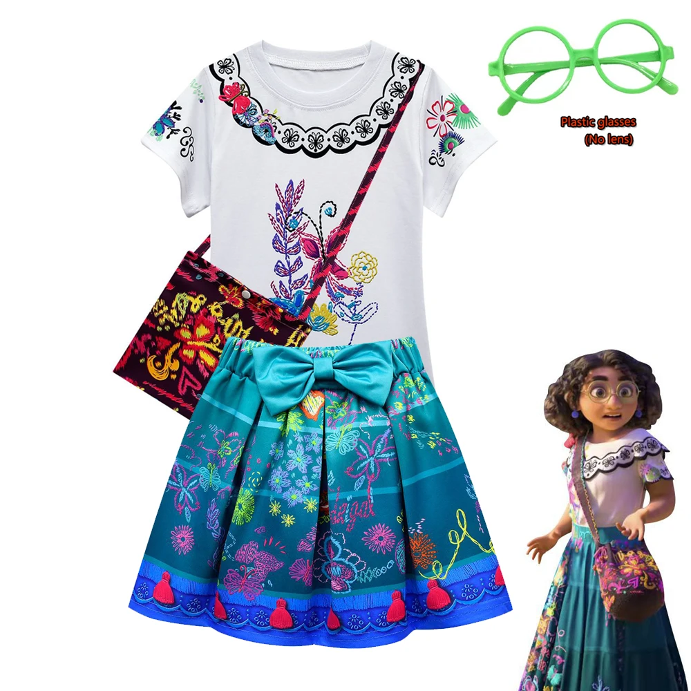 Encanto Mirabel Madrigal Skirt T-Shirt In Cotone Set Girl Pepa Dress Fancy Halloween Christmas Princess Dress Up With Bag Glasses